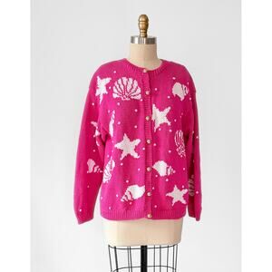 Vintage 1991 The Eagle Eye Pink White Sea Shell Coastal Handknit Cardigan